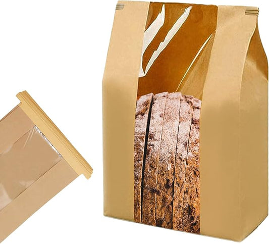 50 Pack Large Paper Bread Bags with Window & Tin Tie Tab Lock – Sourdough Bread Bags for Homemade Baking – Bakery Packaging for Gifting & Bake Sales 13.73" x 8.27" x 3.54"