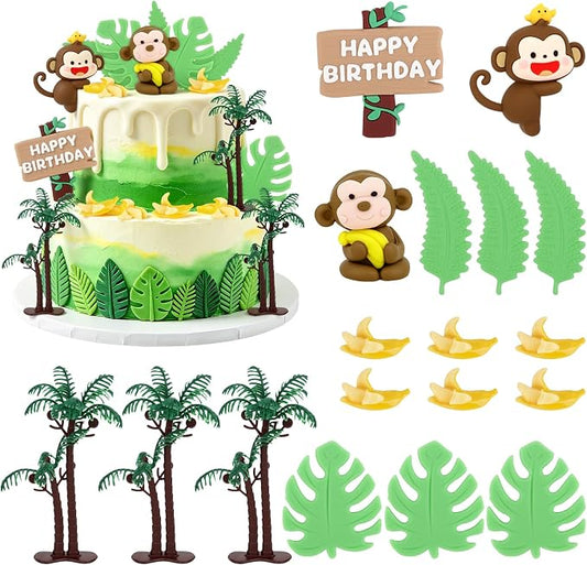 Hooqict 18Pcs Monkey Cake Decorations Set with Mini Banana Coconut Trees Happy Birthday Cake Toppers for Jungle Safari Animal Baby Shower Monkey Themed Birthday Party Decorations Supplies