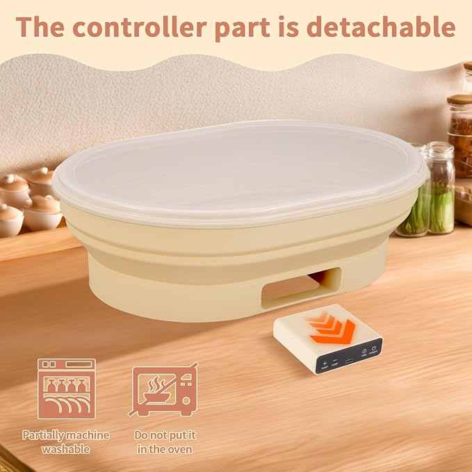 XPXKJ Heating Bread Proofing Basket Set Foldable Thermostatic Silicone Bowl with 77-122℉ 6 Gears Temperature & 6H Timer, Baking Sourdough Starter Bread Making Supplies Tools Kit (13.7×10.2×4.3'')