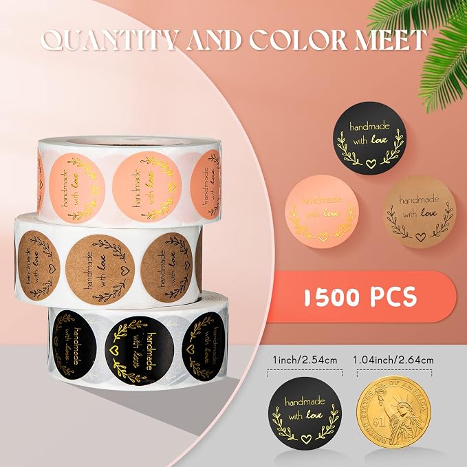 1500 Pieces 1 Inch Handmade with Love Stickers DIY Round Adhesive Labels Round Sealing Stickers Decorative Sticker Tags for Wedding Birthday Party Envelope Seals Baking Packaging Small Business