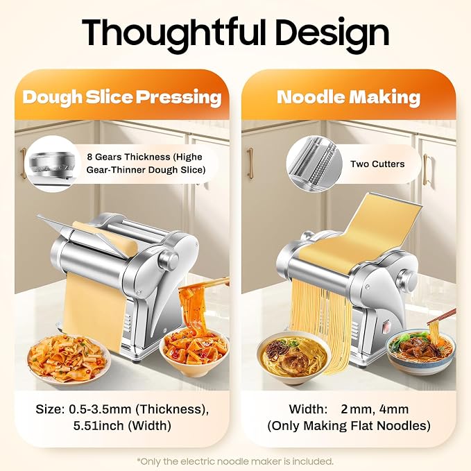 Electric Pasta Maker Machine, 135W Noodle Maker Pasta Dough Roller Sheeter, 0.5-3.5mm Adjustable Thickness and 2&4mm Noodle Width, Stainless Steel Pasta Maker for Breakfast Shop Home Hotel Noodle Shop