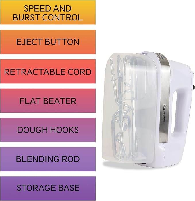 Kenmore 5-Speed Hand Mixer/Blender, 250 Watts, with Beaters, Dough Hooks, Liquid Blending Rod, Automatic Cord Retract, Burst Control, and Clip-On Accessory Storage