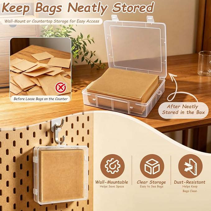 AgePlace 250 Pack Cookie Bags with Seal, 7.1 x 7.5 Inch Kraft Paper Bakery Bags with Window, Storage Box Included, Self Sealing & Grease Resistant Cookie Packaging for Donuts,Brownies,Scones & Muffins
