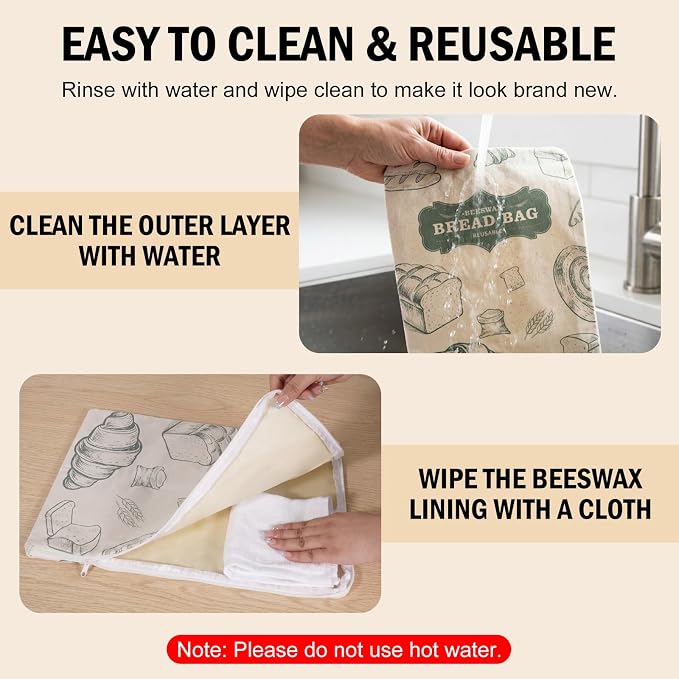 Reusable Beeswax Bread Bags for Homemade, 2 Pack 13" x 17" Bread Storage Bags with Natural Beeswax Lined,Cotton Linen Bread Bags for Sourdough,Large Capacity L-Shaped Zipper Bread Keeper（color-B）