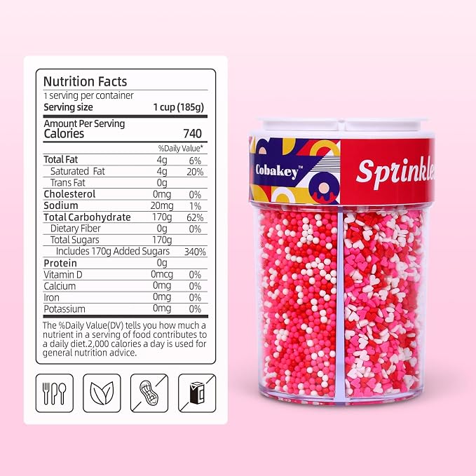 Valentines Sprinkles 6.5oz Edible Heart Sprinkle Mix Pink Red and White Jimmies Nonpareils Sanding Sugar Perfect for Cake Decorations Baking Ice Cream Cookies Cupcake Topper