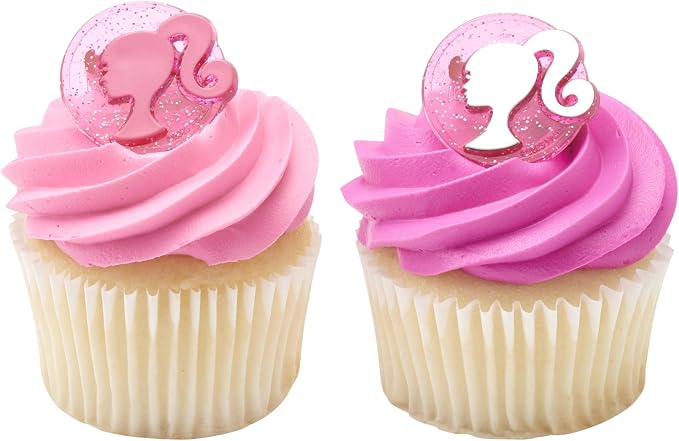 DecoPac Barbie Rings, 24 Barbie Silhouette Cupcake Decorations, Pink Glitter Cake Toppers For Birthday, Parties, Celebrations - 24 Pack