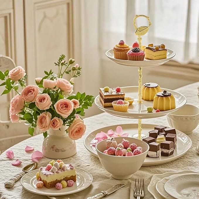 3 Set Metal 3 Tier Leaf Cake Stand Centre Handle Fittings, Fruit Heavy Plate Handle Fittings Hardware Rod(Gold)