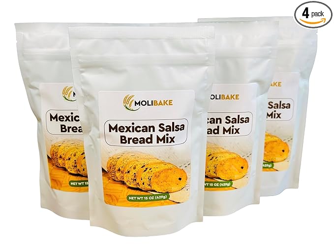 Molibake Mexican Salsa Bread Mix – Pack of 4 – Premium Artisan Bread Mix for Bread Machine and Oven – 15 oz – All-Natural Gourmet Blend with Tomato, Jalapeño, Bell Pepper, Onion, Garlic & Cilantro – Easy-to-Use Bread Maker Mix for Homemade Baking