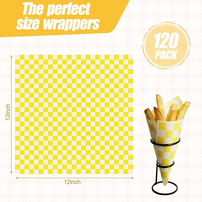 120pcs Wax Paper Sheets for Food, 12x12" Variety Pack Checkered Sandwich Wrapping Paper, Greaseproof Deli Sheets, Pre Cut Premium Food Basket Liners for Party, Festival & Outdoors, JIRNGLA