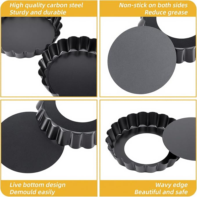 16 Pcs Mini Tart Pans with Removable Bottom, 4 Inch Nonstick Carbon Steel Round Quiche Pie Pans, Reusable Bakeware Mold for Desserts Tarts Pies and Cupcakes, Black