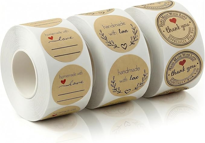 Handmade Stickers Set, 1500 Pieces Thank You Round Stickers Handmade with Love Sticker Roll 1 Inch Thank You & Love Labels Round Adhesive Eco-Friendly Sticker for Present Bag Thanksgiving (3 Rolls)