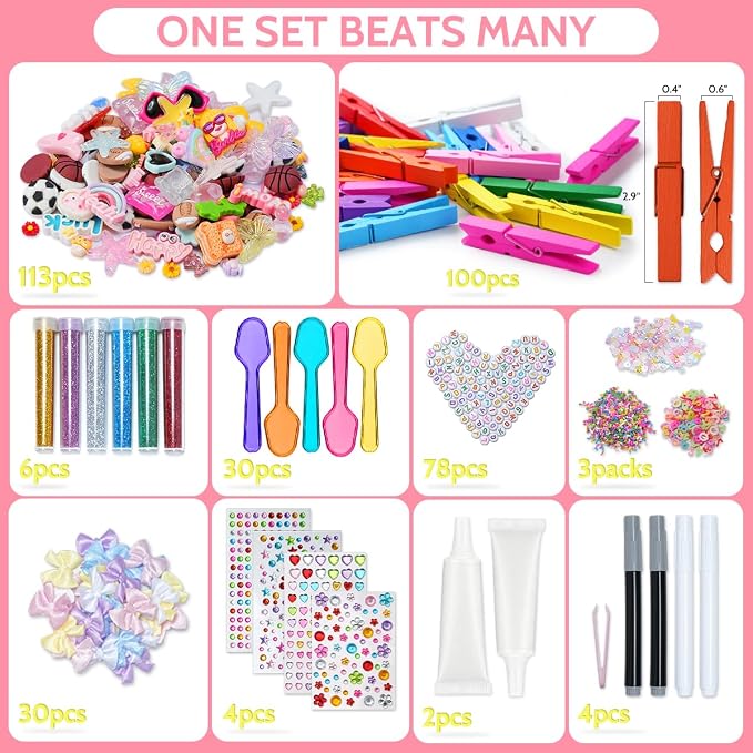 Cheer Pins for Cheerleaders, 100 Pcs Team Spirit Clips Making Kit, Wooden | 250+ Pcs Mini Resin Charms, Bows, Beads, Stickers, Fade-resistant, Ideal for Team Activities, Backpack Deco, Gift Giving