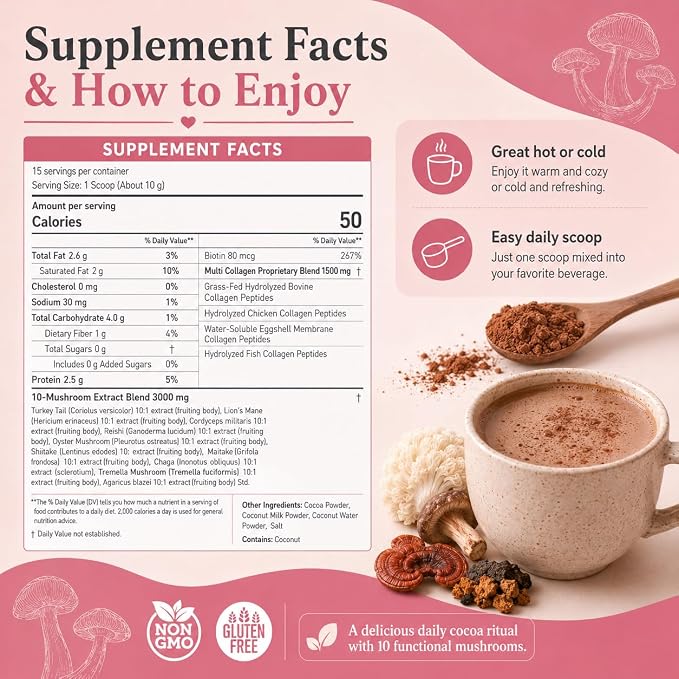 Suiyilary 10 Mushroom Hot Cocoa, 1500mg Collagen, 80mcg Biotin, Sugar Free Keto Cocoa Powder, for Healthy Hair, Skin and Nails, 15 Servings