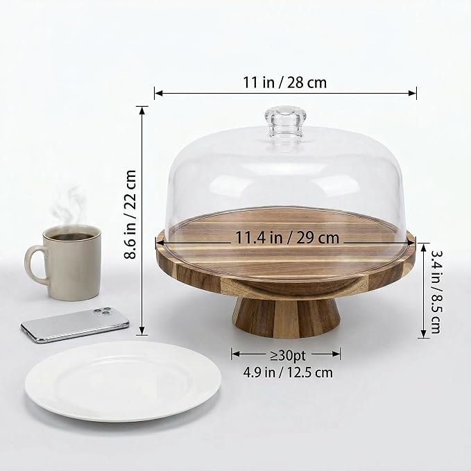 Acacia Wood Cake Stand with Lid - 11.4” Wooden Cake Stand with Dome & Magnetic Base, Cupcake Stand for Birthday Parties & Gatherings, Premium Clear Acrylic Lid for Dessert Display(Magnetic)