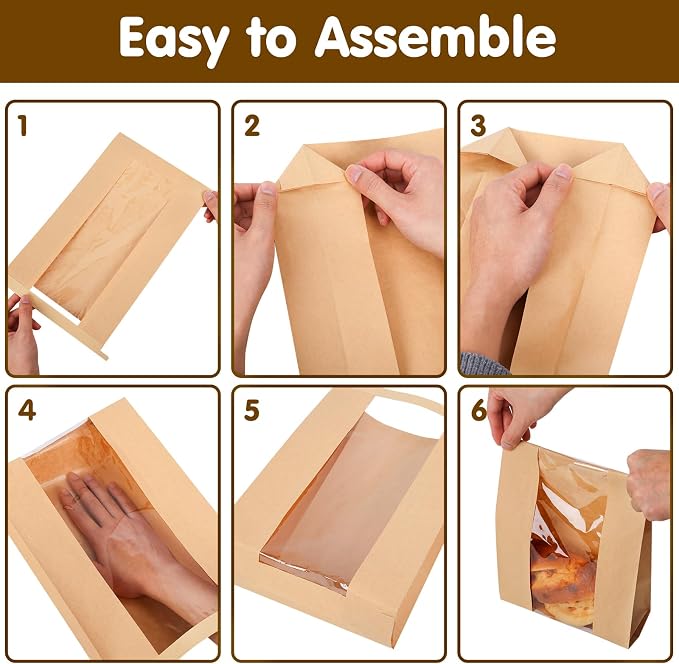 Moretoes 240 Pack Large Sourdough Bread Bags for Homemade Bread, 13.7x8.3x3.5 Inches, Paper Bread Bags with Tin Tie Tab and Clear Front Window, Includes 288 Label Seal Stickers (Brown)