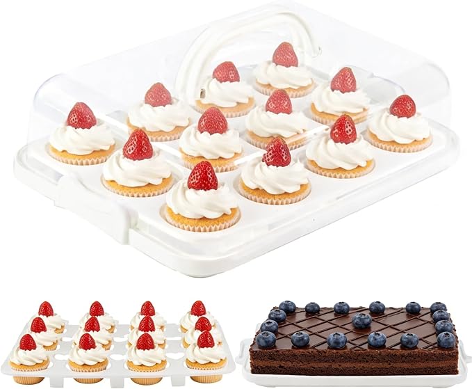 Cake Carrier with Lid, Cake Holder Cupcake Container for 12 Cupcakes 2 in 1 Portable Dessert Container for Pie Muffin Cobbler (White)