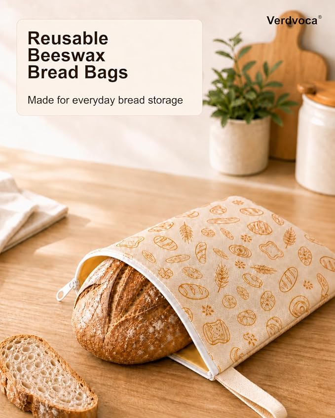 Beeswax Bread Bags for Sourdough, 2 Pack XL Reusable Organic Cotton Bread Storage Bags with Zipper, Natural Bees Wax Bread Bag for Homemade Bread, Freezer Friendly Food Storage, Keep Fresh