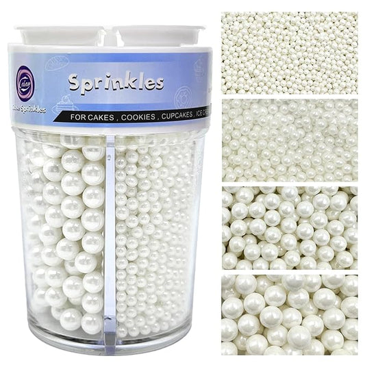 Sprinkles for Cake Decorating, 7.8oz White Pearl Sprinkles 4 Sizes Mix for Cake Cupcake Cookie Baking Donuts Ice Cream Toppings