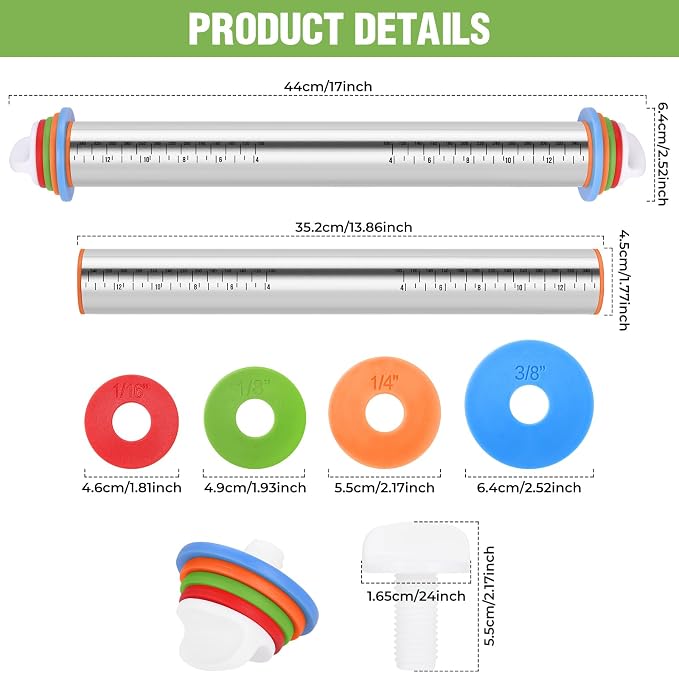 Adjustable Thickness Rings Rolling Pin & Silicone Baking Pastry Mat Set-Red | Stainless Steel Dough Roller,Baking Supplies for Cake Pop Cookie Fondant Pizza Cake Pasta