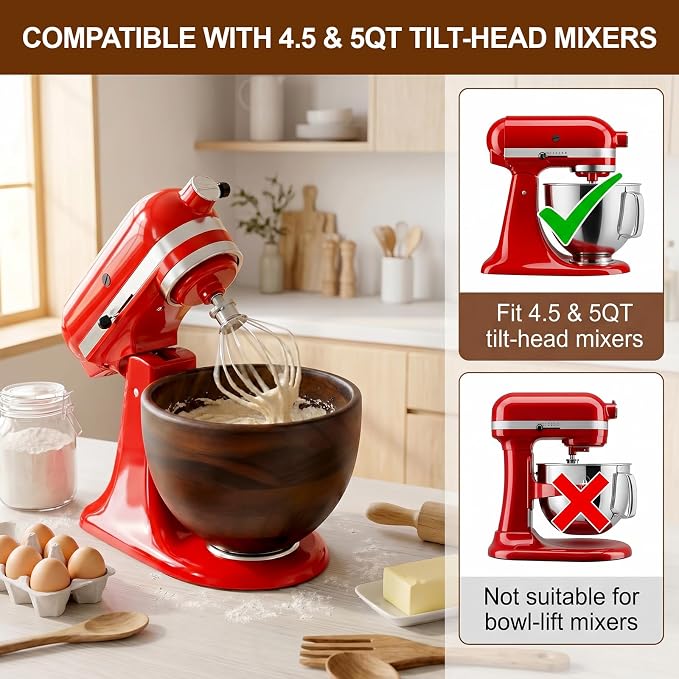 FOCOllK Wooden Bowl for KitchenAid Mixer, Premium Wood Mixing Bowl, Fits 4.5-5 QT Tilt-Head Stand Mixers, 5 Quart Natural Wooden Bowl with Stainless Steel Locking Base