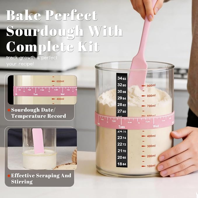 Pink Sourdough Starter Kit – 34 Oz Glass Jar With Lid, Cloth Cover, Date Band, Temp Strip – Sourdough Bread Baking Supplies, Glass Container, Pink