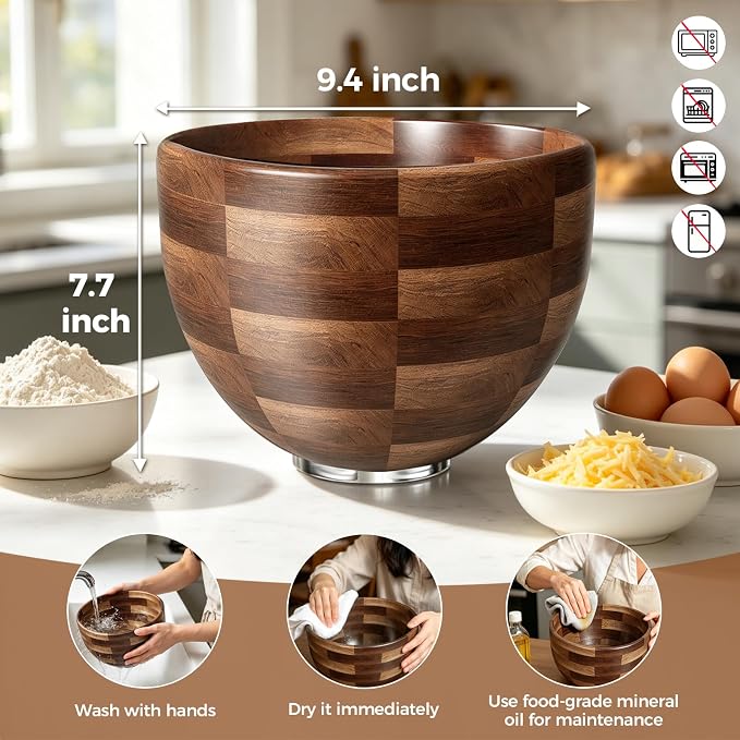 Airpro Solid Wood Mixing Bowl for 4.5-5Qt Tilt-Head Stand Mixers – Natural True Acacia/Walnut with Lid Cover & Stainless Steel Locking Base, 5 Quart for KitchenAid