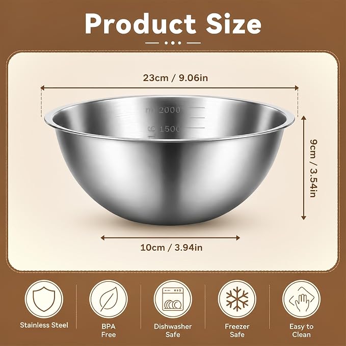 MySHUCE12Pcs Stainless Steel Mixing Bowls with Graduations for Kitchen Home | Metal Serving Salad Bowls Reusable Baking Food Storage Containers for Baking Cooking Salads Soups Fruits Cereal Noodles