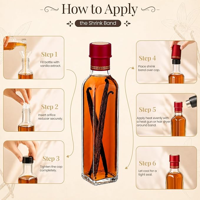 TBWIND 15 Pack 8.5oz (250ml) Vanilla Extract Bottles with Airtight Caps | Includes Shrink Bands, Labels & Funnels; Ideal for Vanilla Extract, Syrups, Infused Oils, Vinegars & Gifting