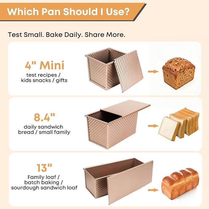 Pullman Loaf Pan with Lid Set of 3, Aluminized Steel Bread Pans for Homemade Sandwich Bread, 4 Inch Mini, 8.4 Inch Daily and 13 Inch Family Loaf Pans for Oven Baking