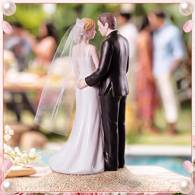 Remerry 4.5" Wedding Bride and Groom Cake Topper Vintage Elegant Wedding Cake Topper Couple Figurine Novios Para Pastel for Engagement Romantic Funny Couple Statue Anniversary(Gentle Lean,White)