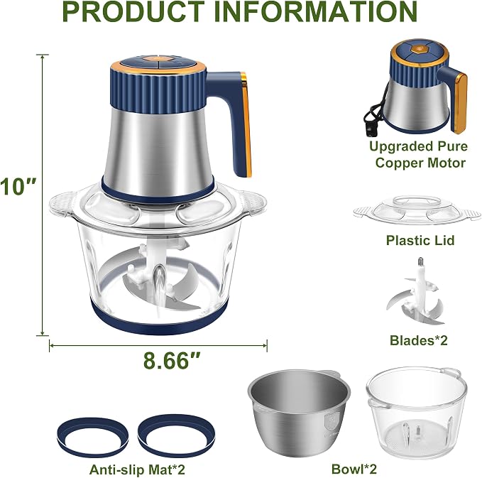 Food Processor, 5-Speed Food Chopper, Electric Meat Grinder, Blue | 2 Bowls (8 Cup+8 Cup) & 2 Sets of Blades, Meat Processor for Meat, Vegetables, Fruits and Nuts