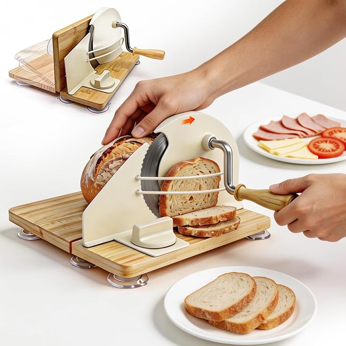Manual Bread Slicer, Detachable Stainless Steel Blade & Folding Wood Base - Adjustable Slice Thickness 1-20mm, Suction Cup Base, Metal Guide & Rotating Handle for Sourdough, Bagels, Toast