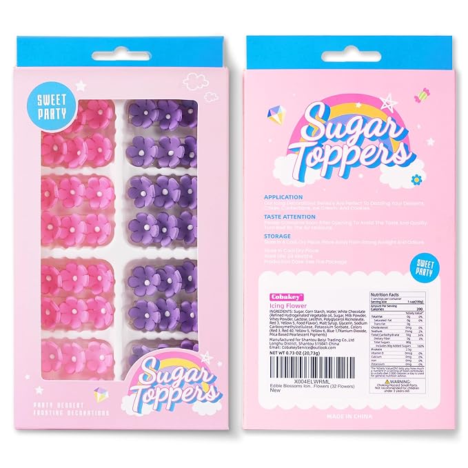 Edible Flowers Cake Decorations 48 Count Pink Purple Blossoms Royal Icing Decorations Daisy Sugar Wedding Flowers for Baking Cupcakes Ice Cream Waffles Cookies Birthday Cake