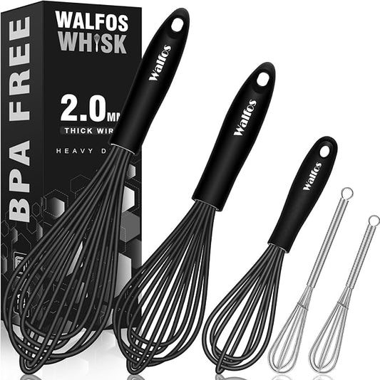 Silicone Whisks set with 7+5in mini stainless steel whisk, Non Scratch Coated 7+9+11in Whisks for Nonstick Cookware,Premium for Blending, Whisking, Beating, Frothing & Stirring