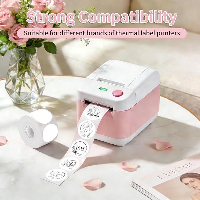 500 Labels/Roll 2" White Round Thermal Labels, Waterproof Circle Blank Thermal Sticker Compatible with Direct Thermal Label Printers for DIY Logo Designs, Thank You, Small Business
