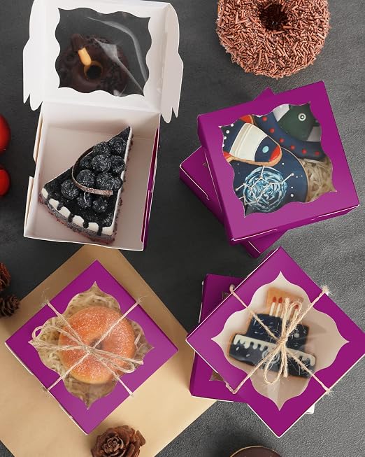 qiqee 4*4*2.5inch/55Packs Bakery Box with Window Deep Purple Macaron Boxes Small Donut Pastry Boxes for Party Mini Cookie Boxes(5 Diferent Gift Include)