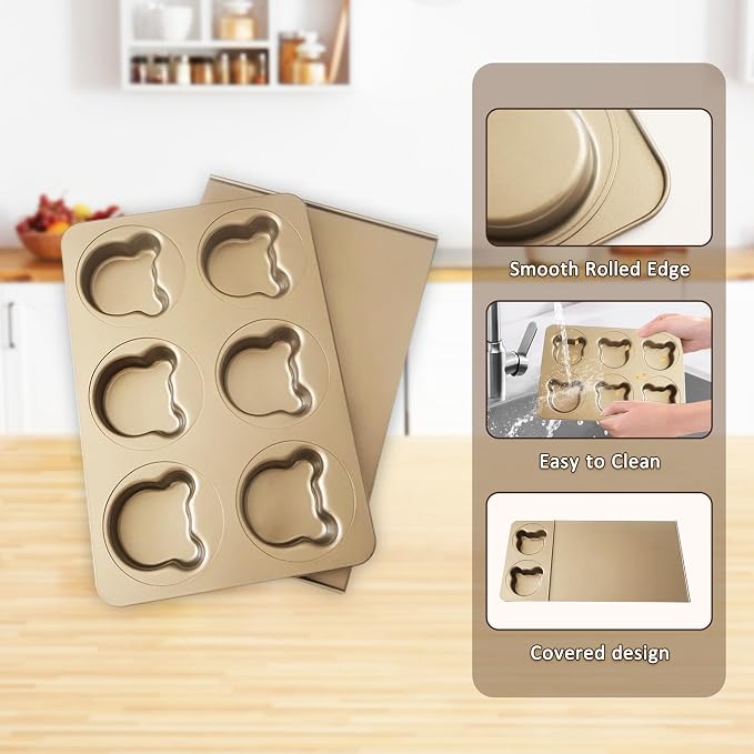 6-Cup English Muffin Pan, Nonstick & Sliding Lid, Bear Shape | 2-in-1 Sliding Lid for Proofing & Baking, Bear Shaped Muffin Pans, Nonstick Carbon Steel Hamburger Bun Mold