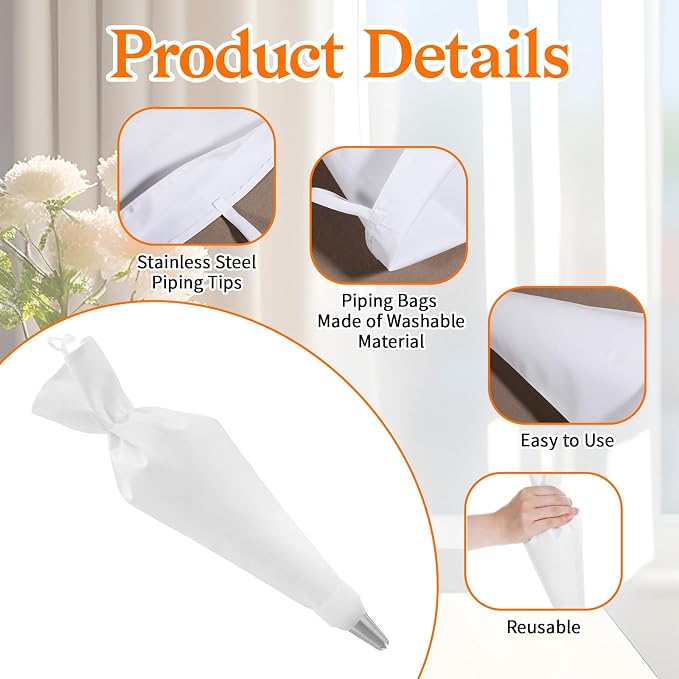 Pastry Bags and Tips 9 PCS Reusable Piping Bags and Tips Set with Coupler, 16" Large Pastry Bag, Stainless Steel Nozzles and Cleaner for Cake Decorating, Baking Supplies