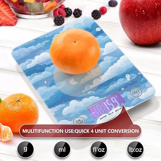 Food Scale Kitchen Scale Food Weight Scales Digital Weight Grams and Ounces Small Electronic Food Scale for Baking Cooking Blue Gradient Cloud and Stars
