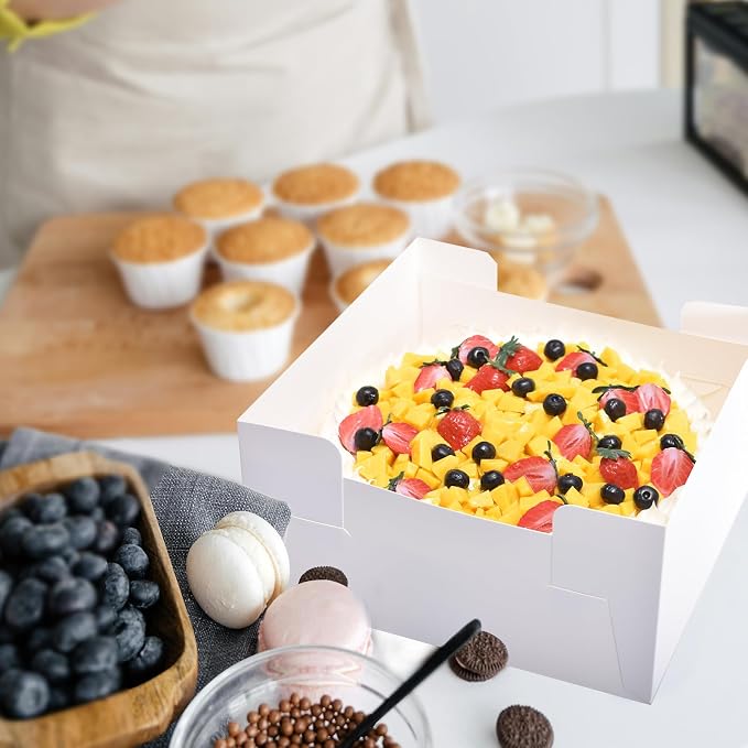 16Pcs 12x12x6 Inch Cake Boxes with Cake Boards (8Pcs White Cake Boxes, 8Pcs Cake Boards), Bakery Boxes with Window, Cake Carrier Container for Birthday Party, Wedding