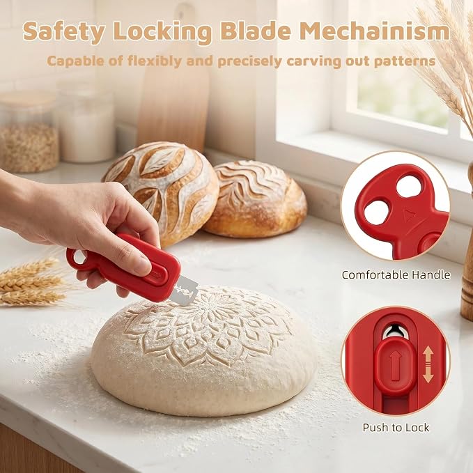2 Pack Magnetic Bread Lame, Sourdough Scoring Tool, 10 Blades | 2 Pack Set, 10 Sharp Blades, Red & Black, Retractable Blade, Magnetic Storage, Anti-Slip Handle