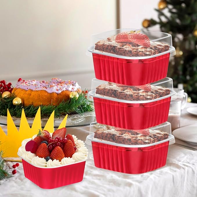 100Pack 5oz Christmas Mini Cake Pans with Lids Baking Cups Aluminum Foil Pans Tins, Individual Dessert Cups Containers for Sales,Party,Picnics Red