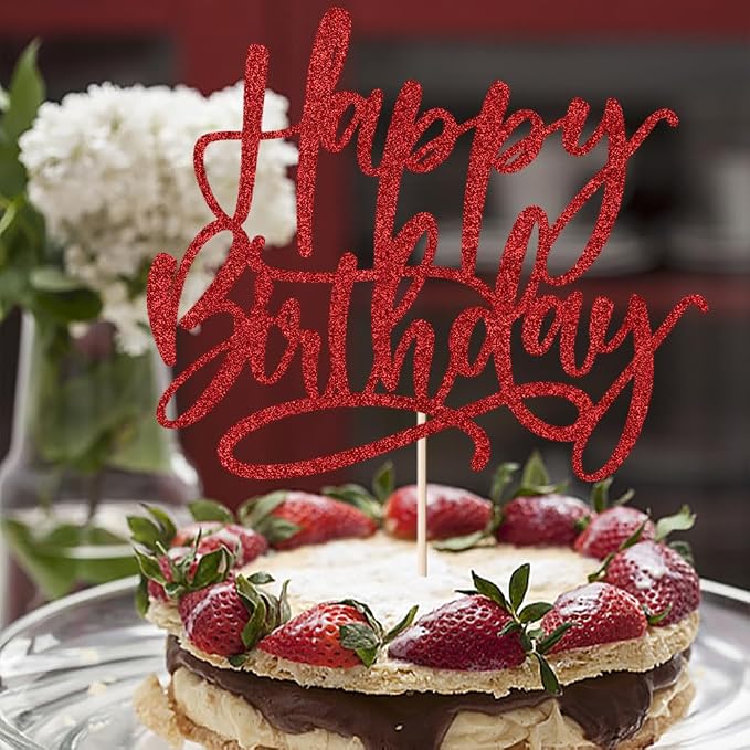 Kaoenla Happy Birthday Cake Topper,Red Glitter handwork Happy Birthday Cake Decoration Suitable For Anniversary/Birthday Party Decor