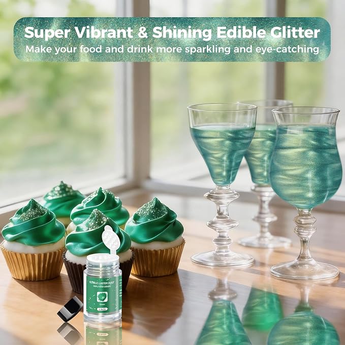 CRPTHE Green Luster Dust Edible 5g, Edible Glitter for Drinks, Food Grade Glitter Shimmer Sprinkle Powder for Cocktails, Baking, Beverages, Cakes, Strawberries, Cookies, Fondant, Vegan