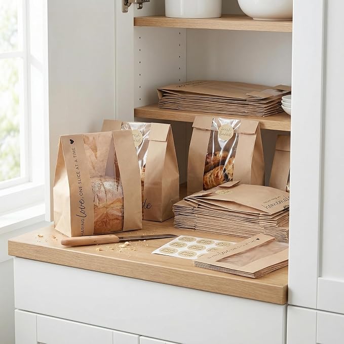 Beautiful Bread Bags for Homemade Bread - Clear Window Bags Keep Your Sourdough Loaves Fresh for Days & are Great for Gifting Homemade Bread - Perfectly Sized Bakery Paper Packaging for Baked Goods