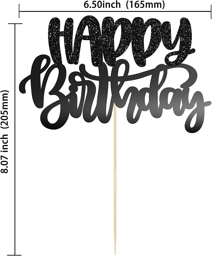 Gyufise 1Pcs Happy Birthday Cake Topper Glitter Cake Pick for Celebrating Anniversary Theme Party Cake Decorations Supplies Black