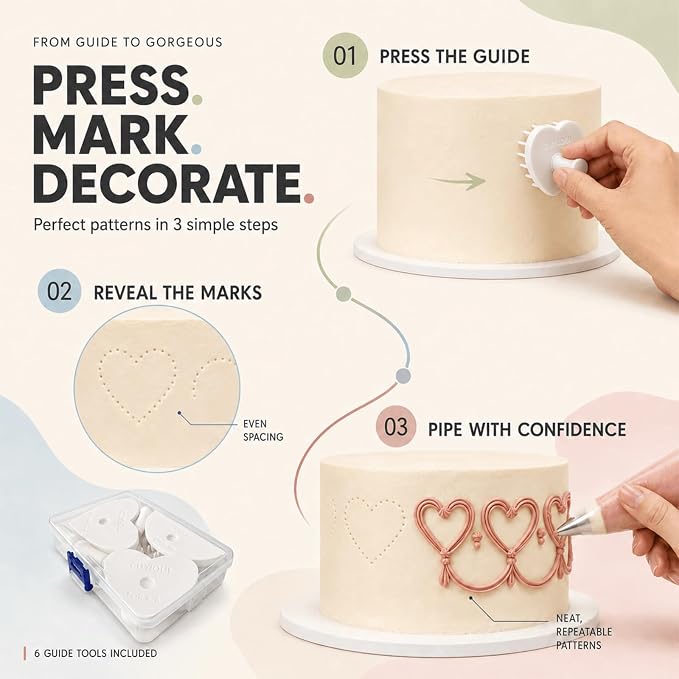 6 PCS Cake Arch Guide Tool Set for Vintage & Lambeth Cake Decorating | Multiple Size Cake Piping Heart & Arc Swag Marker Tool for 6"-12", Buttercream & Fondant Decorating Guide