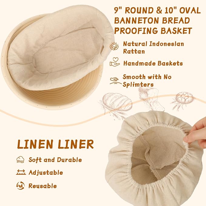52 Pcs Sourdough Starter Kit, Sourdough Bread Baking Supplies with 9" Round & 10" Oval Banneton Bread Proofing Basket, Cooling Rack, Sour Dough Starter Jar, Bread Making Kit Gifts for Women Wife Mom