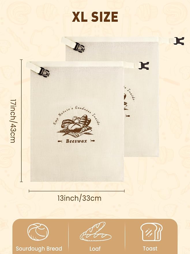 Weenkler Beeswax Bread Bag 2 Pack Reusable Linen Storage Bags with Zipper and Straps for Homemade Sourdough Loaf Breads XL Size