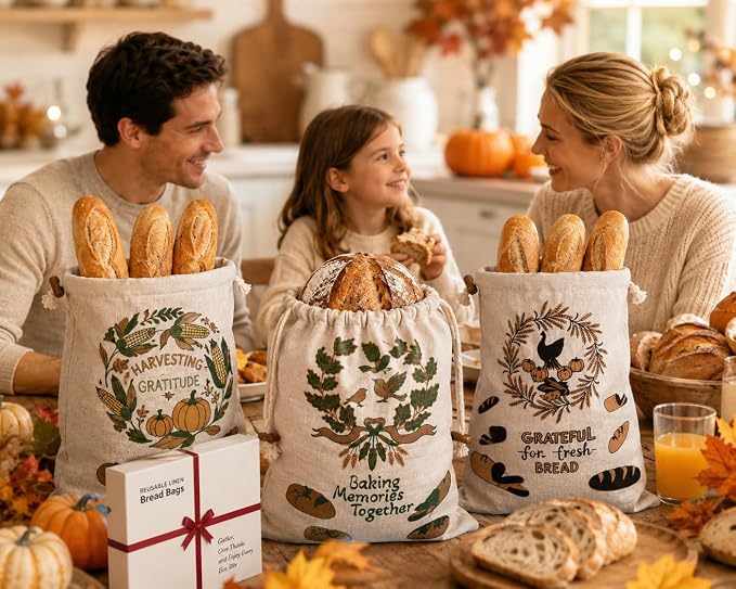 Bread Bags for Homemade Bread, 3 Pack Linen Bread Bags with TPU Lining, Reusable Sourdough Bread Storage Bags, Drawstring Closure, 17 x 13 Inch, Thanksgiving Fall Design, Gift Ready Box